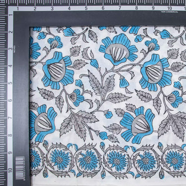 Soft Blue Floral Jaipur Hand Block Printed Cotton Fabric