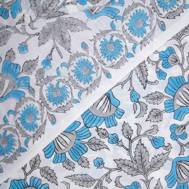 Soft Blue Floral Jaipur Hand Block Printed Cotton Fabric