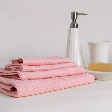 Solid Peach Cotton Waffle Bath, Face and Hand Towel Set