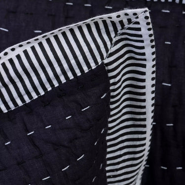 Solid White Handmade Quilted Stripe Border Kantha Cotton Pillocase