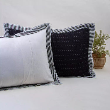 Solid White Handmade Quilted Stripe Border Kantha Cotton Pillocase