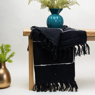 Stylish Black 100% Cotton Woven Throw Blanket For Sofa Decor