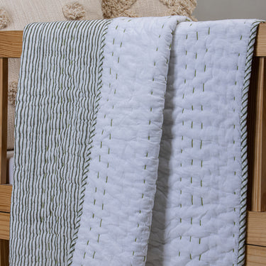 Sustainable Green Striped Block Printed Quilt Blanket