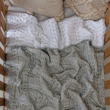 Sustainable Green Striped Block Printed Quilt Blanket