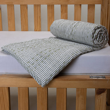 Sustainable Green Striped Block Printed Quilt Blanket