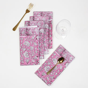 Cloth Napkins Premium Hand Block Pink Floral Reusable Cotton