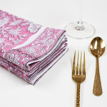 Cloth Napkins Premium Hand Block Pink Floral Reusable Cotton