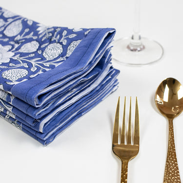 Premium Hand Block Blue Floral Print Cloth Napkins Online