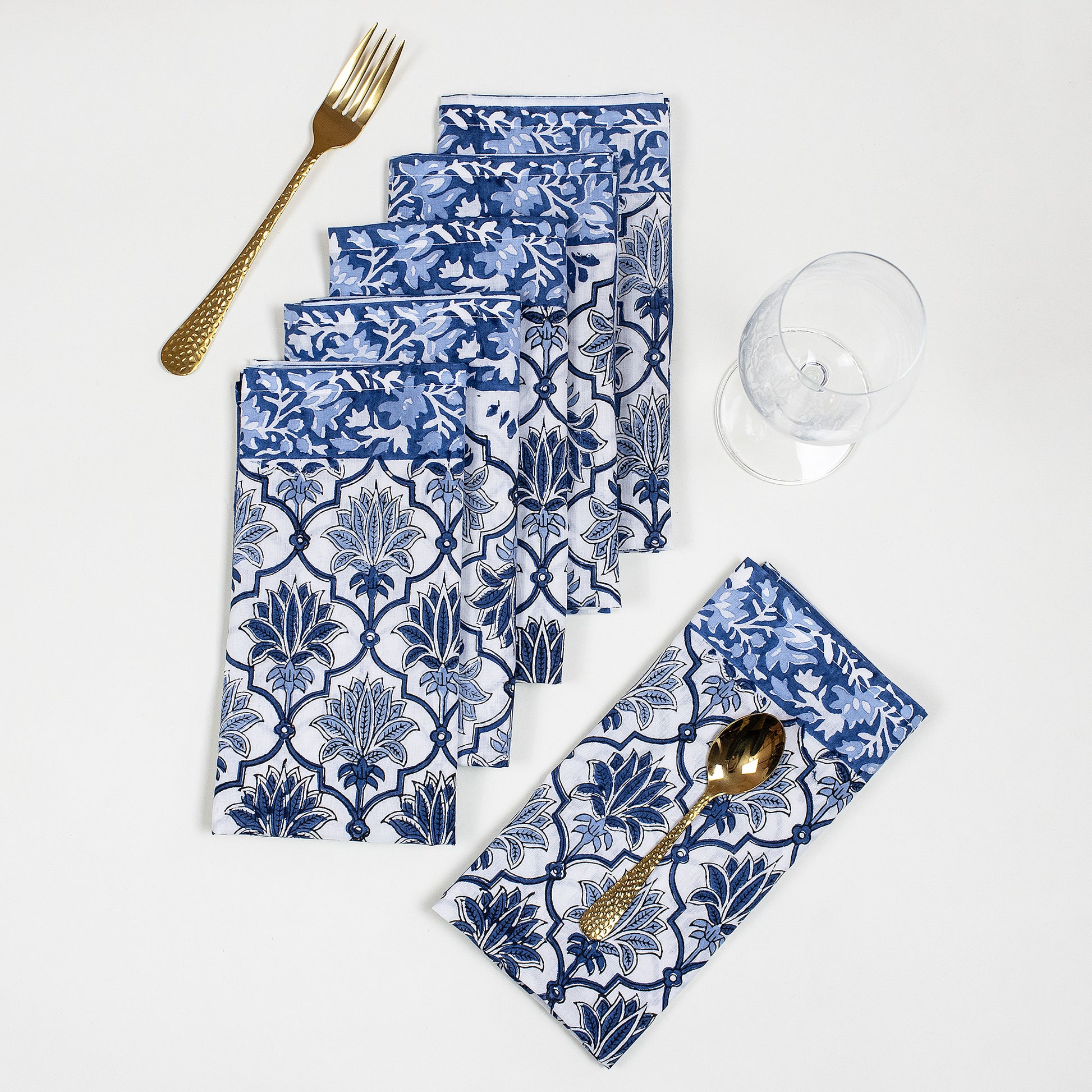 Hand Block Blue Floral Printed Cotton Table Napkins Online