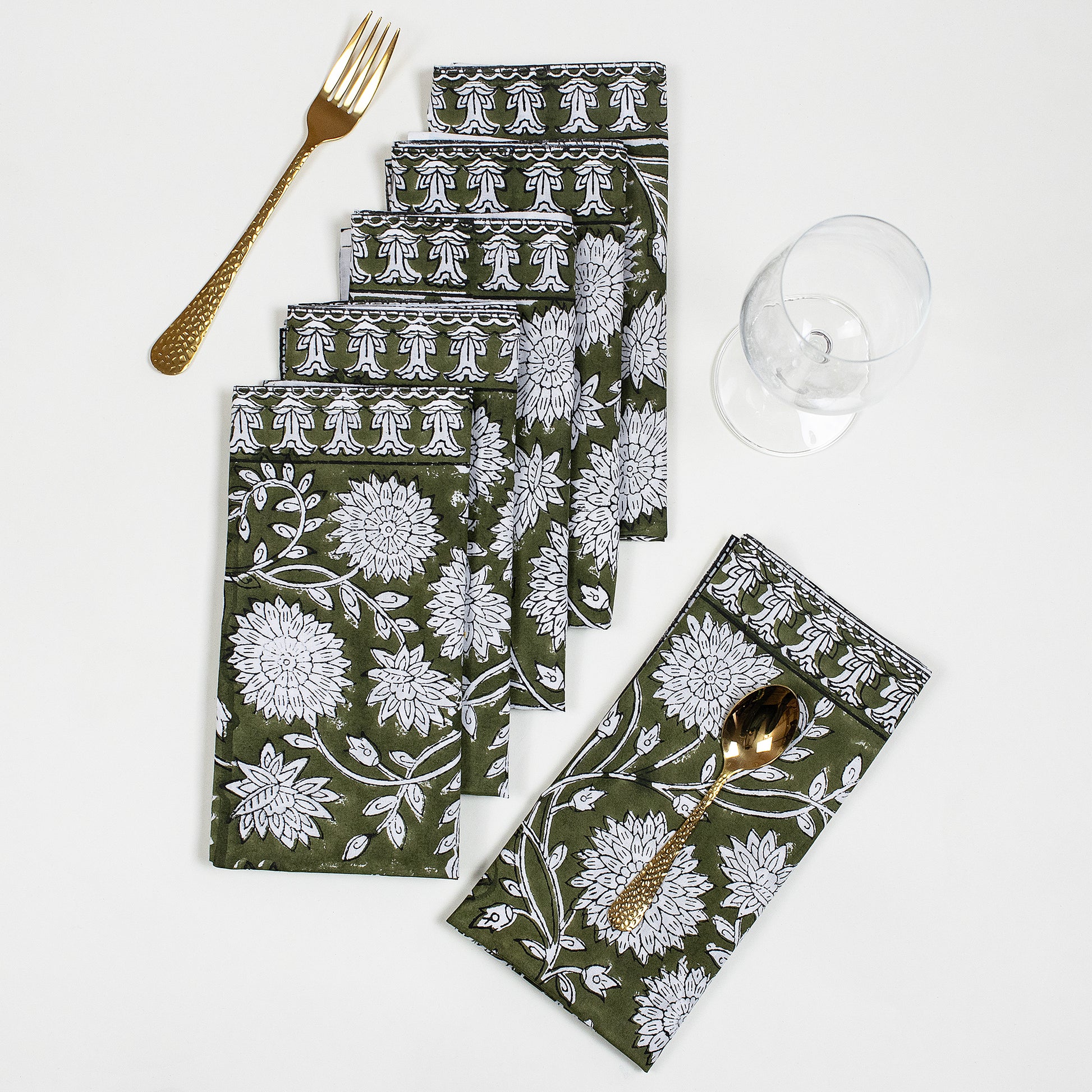 Hand Block Green Floral Printed Cotton Napkins Online