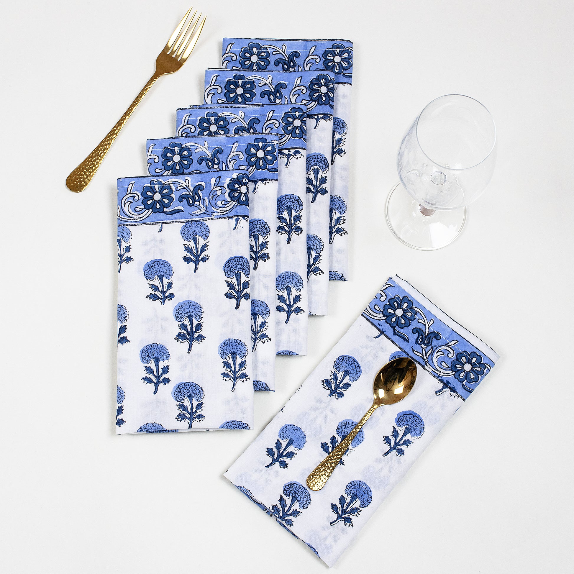 Hand Rumal Block Blue Floral Print Cotton Napkins Online