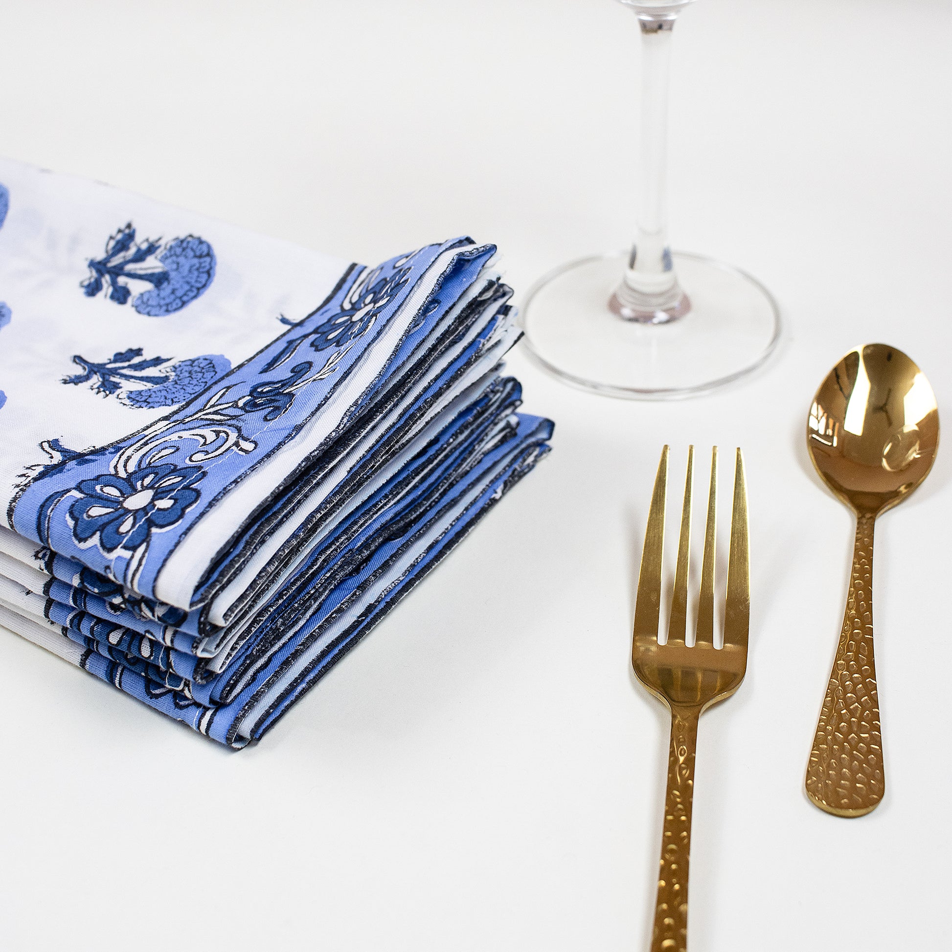 Hand Rumal Block Blue Floral Print Cotton Napkins Online