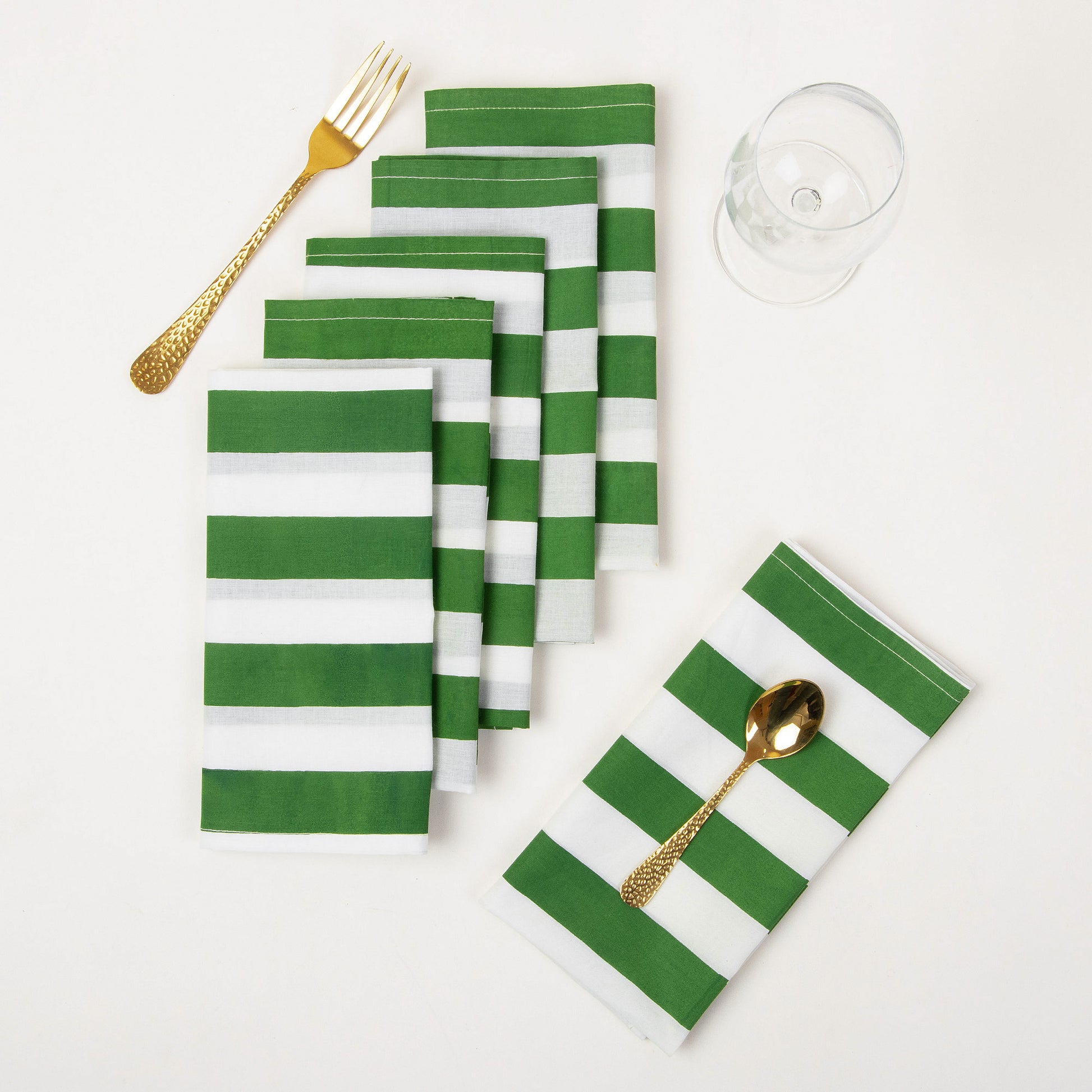 Hand Block Green Stripes Print Cotton Napkin Online