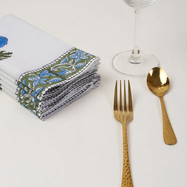 Blue Hand Block Floral Print Dining Table Napkins Online