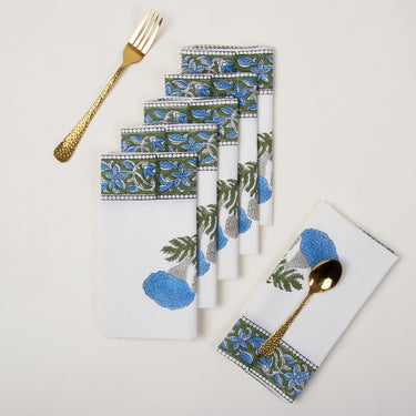 Blue Hand Block Floral Print Dining Table Napkins Online