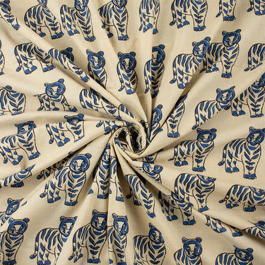 Tiger Hand Block Blue Soft Bagru Fabric