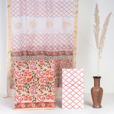Best Gifts For Her Hand Block Floral Printed Unstitched Suit Set with Toiletry Bag