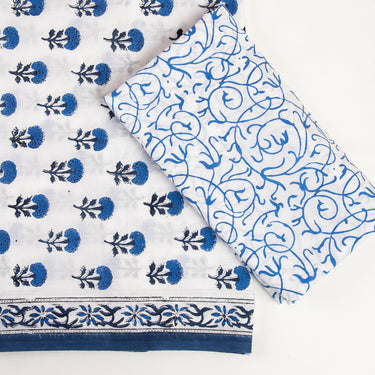 Unstitched Blue Floral Cotton Suits With Kota Doria Dupatta