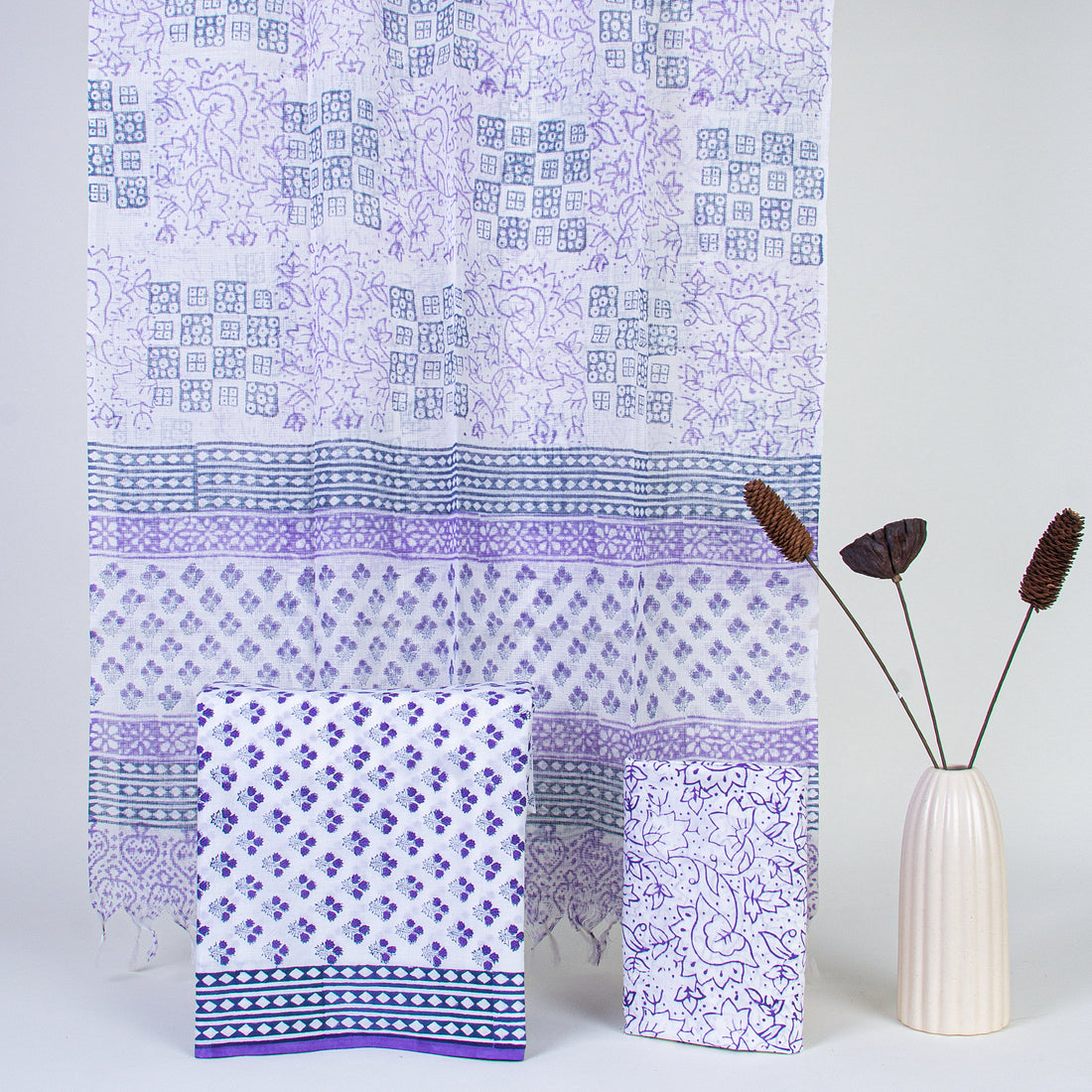 Purple Floral Print Unstitched Suits Kota Doria Dupatta Online