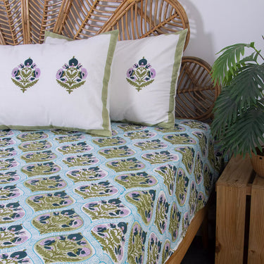Useful Gifts Floral Cotton Block Print Bedsheet With Pillow Cover