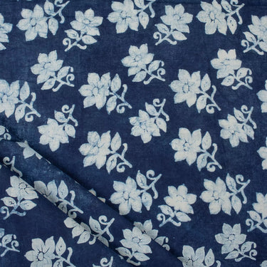 White Floral Indigo Hand Block Printed Fabric for Dresses
