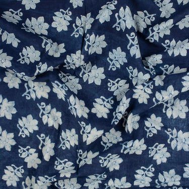 White Floral Indigo Hand Block Printed Fabric for Dresses