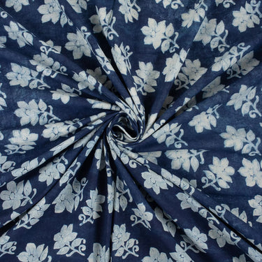 White Floral Indigo Hand Block Printed Fabric for Dresses