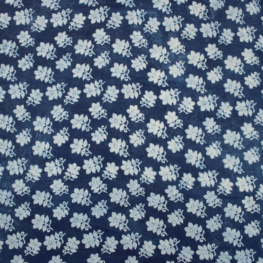 White Floral Indigo Hand Block Printed Fabric for Dresses