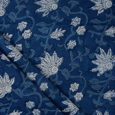 White Floral Indigo Pure Cotton Hand Block Print Fabric
