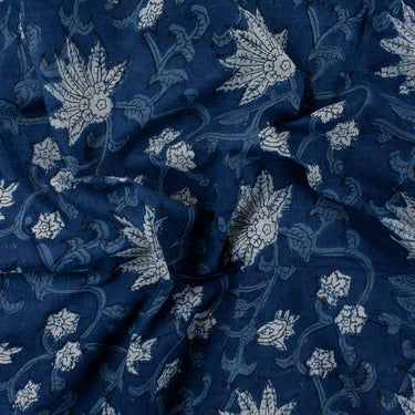White Floral Indigo Pure Cotton Hand Block Print Fabric