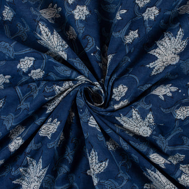 White Floral Indigo Pure Cotton Hand Block Print Fabric