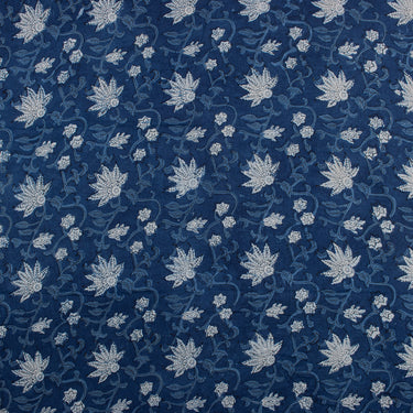 White Floral Indigo Pure Cotton Hand Block Print Fabric