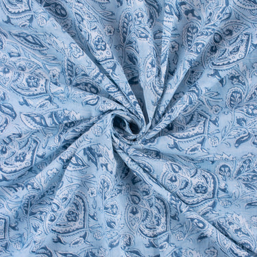 White and Blue Floral Hand Block Print Fabric