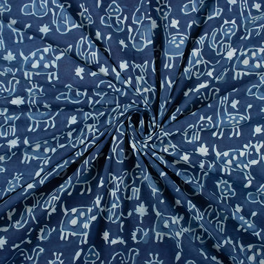 Wild Animal Hand Block Printed Indigo Best Fabric for Summer