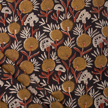 Yellow Floral Printed Cotton Bagru Fabric