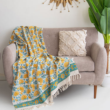 Yellow Floral Printed Cotton Sofa Throw Blanket fo Home Decor