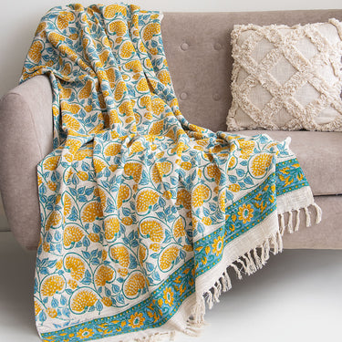 Yellow Floral Printed Cotton Sofa Throw Blanket fo Home Decor