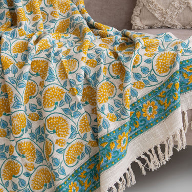 Yellow Floral Printed Cotton Sofa Throw Blanket fo Home Decor