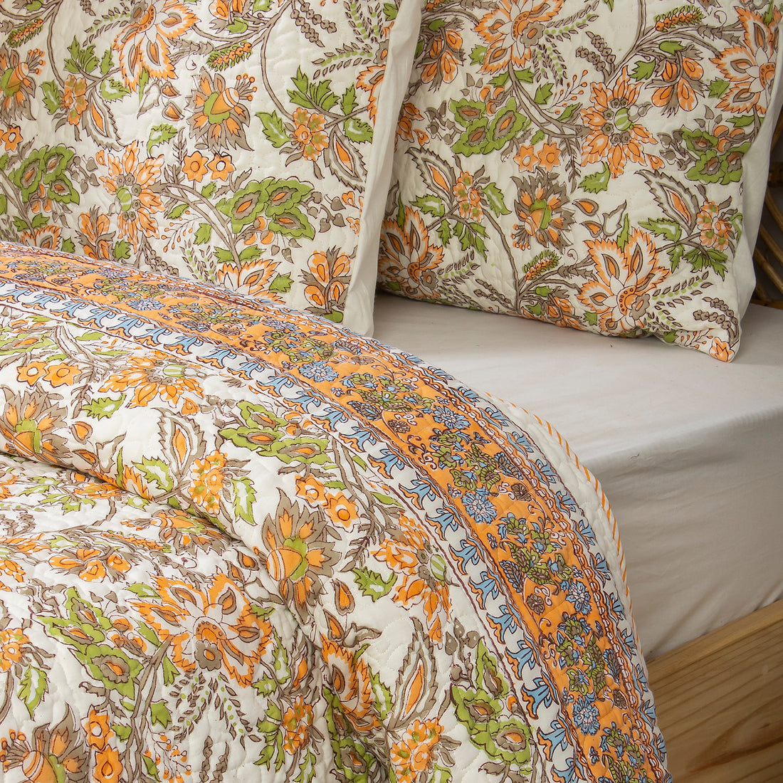 Yellow Floral Block Print Soft Cotton King Size Bed Spread Online
