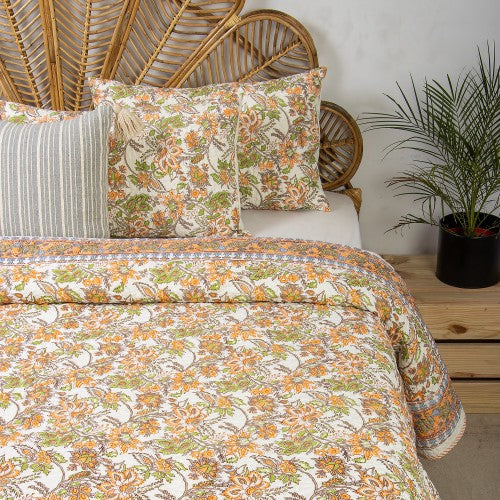 Yellow Floral Block Print Soft Cotton King Size Bed Spread Online