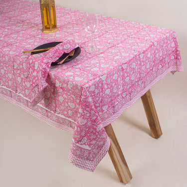 Pink Floral Print Cotton Table Cloth 6 Seater